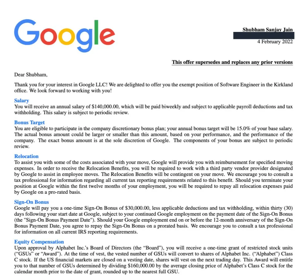 Shubham's Google offer letter (redacted)